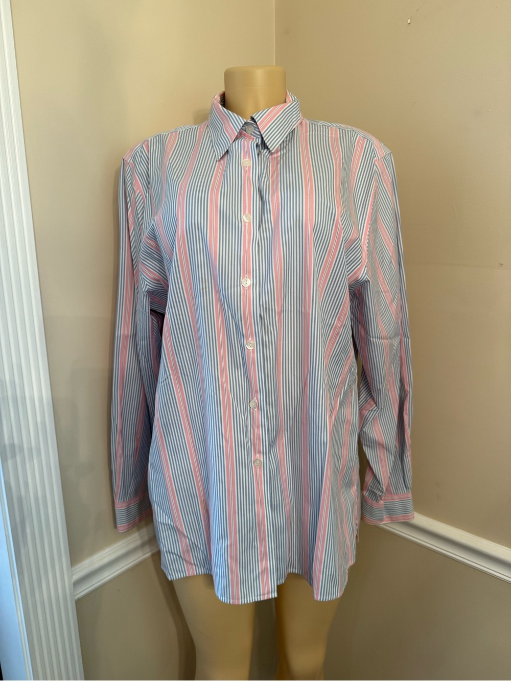 Foxcroft Vertical Stripe Button-Up Tunic — Pink & Blue